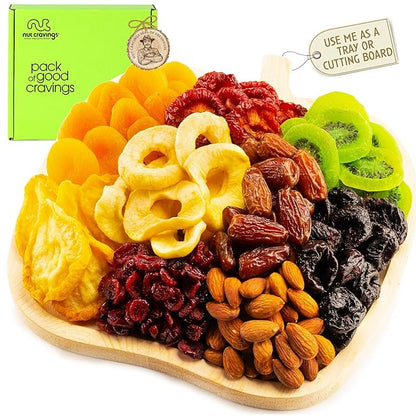 NUT CRAVINGS - Halloween Treats For Adults Dried Fruit & Mixed Nuts Gift Basket in Wooden Apple-Shaped Tray (9 Assortments) Holiday Xmas Christmas Food Arrangement, Healthy Snack Care Package,