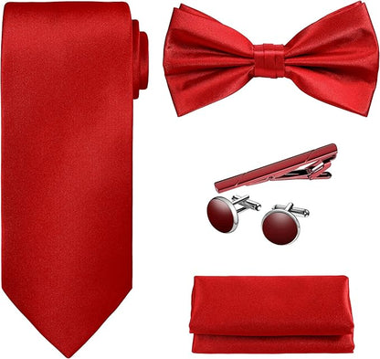 TIE G 5pcs Tie Set in WHITE OR BLACK GIFT BOX: Solid Color Necktie, Satin Bow Tie, Pocket Square, Lapel, Cuff Links