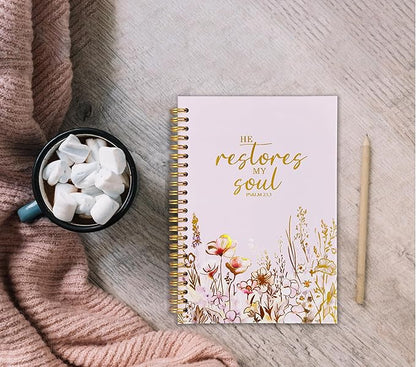 Christian Women's Notebook With Gold Foil, Christian Art Gift Diary, Women's Prayer Diary, Exquisite Bible Notebook, Psalm 23:3 "He Restores My Soul, 5.5 X 8.3