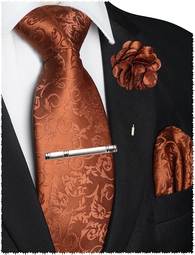 JEMYGINS Mens Floral Tie and Lapel Pin Necktie Pocket Square and Tie Clip with Sets for Business Casual 4PCS