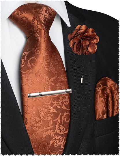 JEMYGINS Mens Floral Tie and Lapel Pin Necktie Pocket Square and Tie Clip with Sets for Business Casual 4PCS