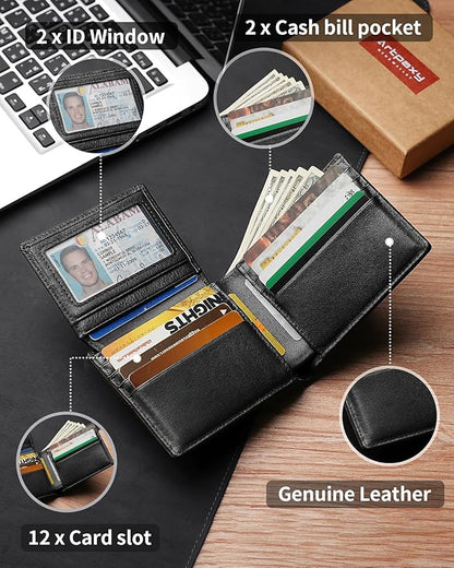 Mens Wallet Bifold Genuine Leather RFID Blocking Wallet for Men with 2 ID Windows 12 Card Holders 2 cash pockets 1 Gift Box