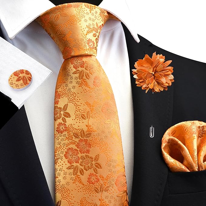 GUSLESON 3.15"（8cm） Mens Floral Tie and Lapel Pin Necktie Hankerchief Cufflinks Set for Men