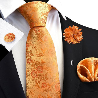 GUSLESON 3.15"（8cm） Mens Floral Tie and Lapel Pin Necktie Hankerchief Cufflinks Set for Men