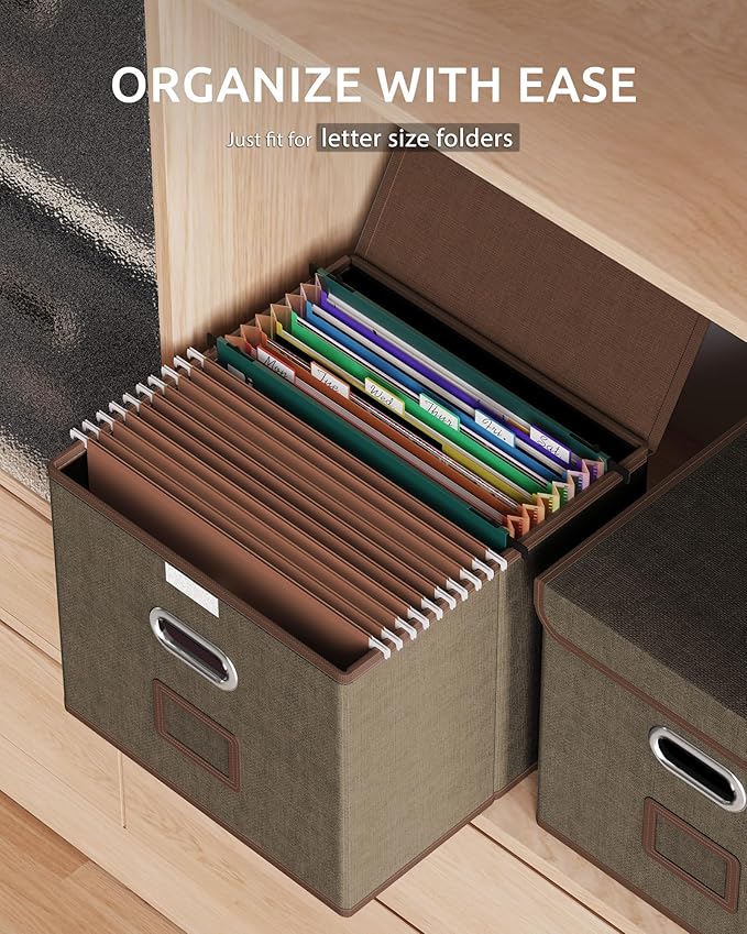 Oterri 2 Pack File Organizer Box,File Box,Small File Cabinet for Letter Folders,Light Brown Portable Filing Box,Hanging File Folder Organizer with Lid for Office/Decor/Home- without Folders