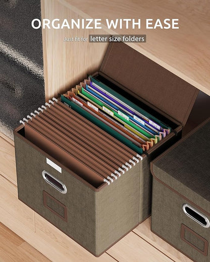 Oterri 2 Pack File Organizer Box,File Box,Small File Cabinet for Letter Folders,Light Brown Portable Filing Box,Hanging File Folder Organizer with Lid for Office/Decor/Home- without Folders