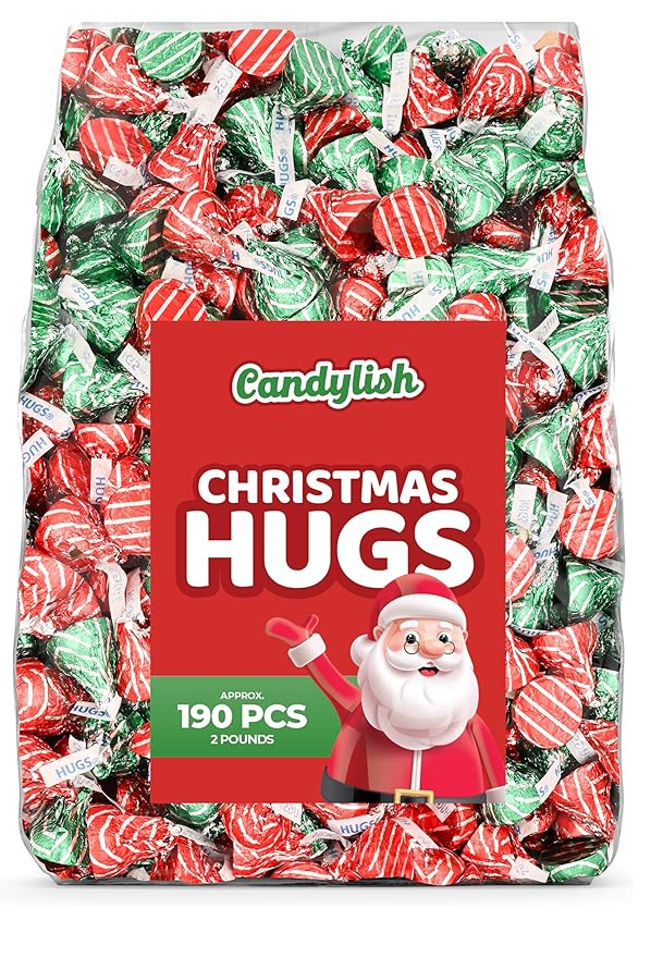 Christmas Hugs Milk Chocolate, 2 LB Bulk Candy (Approx. 190 Pieces) – Festive Red, Green, and Silver Wrapped Chocolates for Holiday Parties, Stocking Stuffers, and Baking