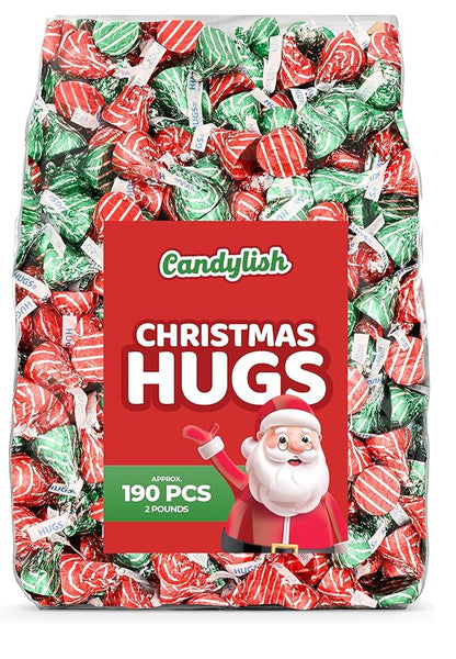 Christmas Hugs Milk Chocolate, 2 LB Bulk Candy (Approx. 190 Pieces) – Festive Red, Green, and Silver Wrapped Chocolates for Holiday Parties, Stocking Stuffers, and Baking
