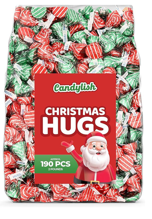 Christmas Hugs Milk Chocolate, 2 LB Bulk Candy (Approx. 190 Pieces) – Festive Red, Green, and Silver Wrapped Chocolates for Holiday Parties, Stocking Stuffers, and Baking