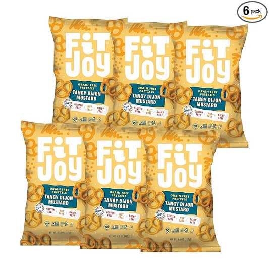 FitJoy Tangy Dijon Mustard Pretzels (Pack of 6, 4.5 Oz) - Dairy, Nut & Gluten Free Snacks - Grain Free Cassava Root & Chickpea Flour Vegan Pretzel Twists - Tangy Snack Pretzels for Children & More
