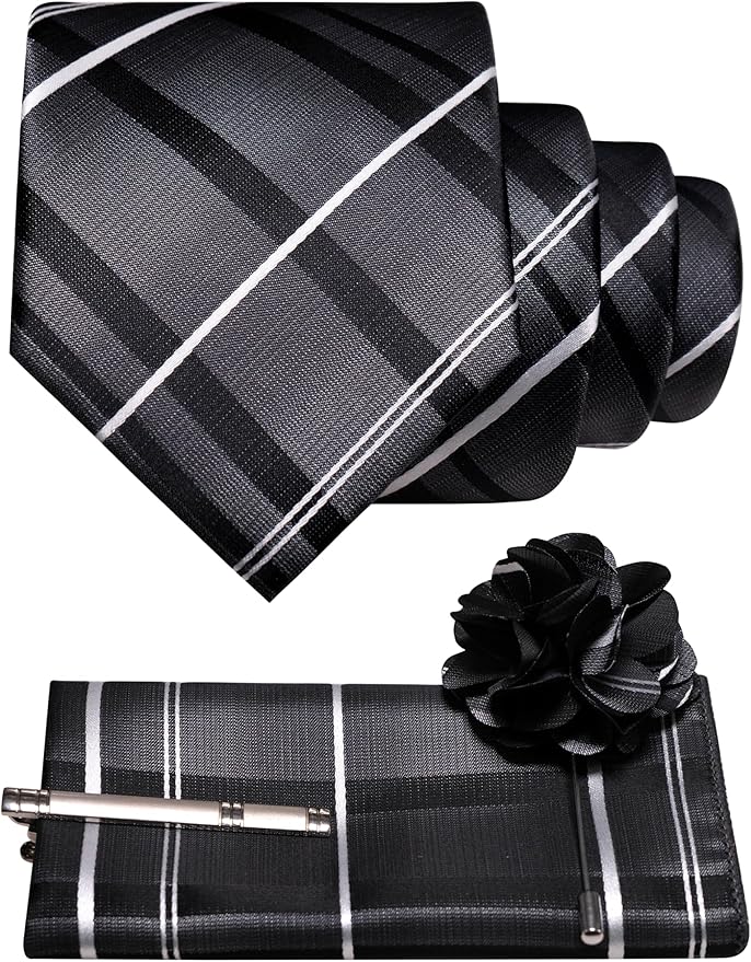 JEMYGINS Mens Striped Tie and Pocket Square with Tie Clip Lapel Pin Set 4PCS
