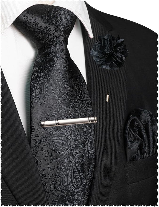 JEMYGINS Mens Paisley Tie and Lapel Pin Necktie Pocket Square and Tie Clip with Sets for Business Casual 4PCS
