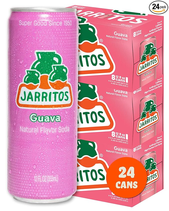 Jarritos - Mexican Soda Soft Drinks, Guava (12 oz, 355ml) 24 Cans (3 Boxes of 8) - Made with Real Cane Sugar - 100 Calories, 0g Fat - Made in Mexico - Natural Flavor Soda Pop - Party & BBQ Beverages