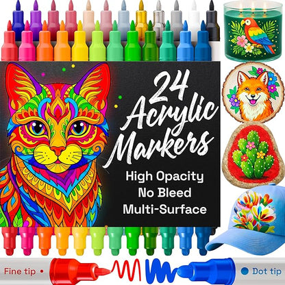 ARTISTRO 24 Acrylic Paint Markers for Rock, Fabric, Wood, Glass, Decoration - Dual-Tip Paint Pens for Coloring Books for Adults, Teens, Kids - Art and Craft Supplies Kit - Gift Idea