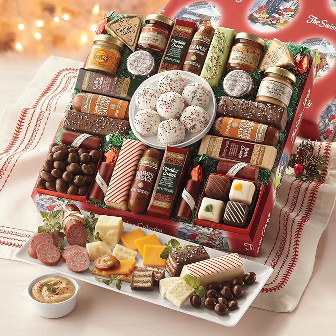 The Swiss Colony 27 Favorites Food Gift Box - Assorted Cheeses, Summer Sausage Meats with Christmas Petits Fours Gourmet Mini Layer Cakes Pack of 24 with Traditional Old Fashioned Hard Candy