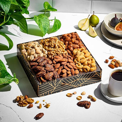 Oh! Nuts 6 Section Nuts Gift Basket - Gourmet Assorted Nut Gifts Baskets - Healthy Nuts Gift Square Metal Tin Box - Premium Food Gift for Birthday, Holiday, Movie Night, Corporate, Men & Women