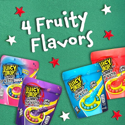 Juicy Drop Gummy Dip 'N Stix Assorted Christmas Candy Variety Pack, Sweet Gummy Sticks W/ Sour Dipping Gel, 8Ct, Sour Candy Pack for Party Favors, Stocking Stuffers, Kids Gifts