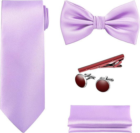 TIE G 5pcs Tie Set in WHITE OR BLACK GIFT BOX: Solid Color Necktie, Satin Bow Tie, Pocket Square, Lapel, Cuff Links