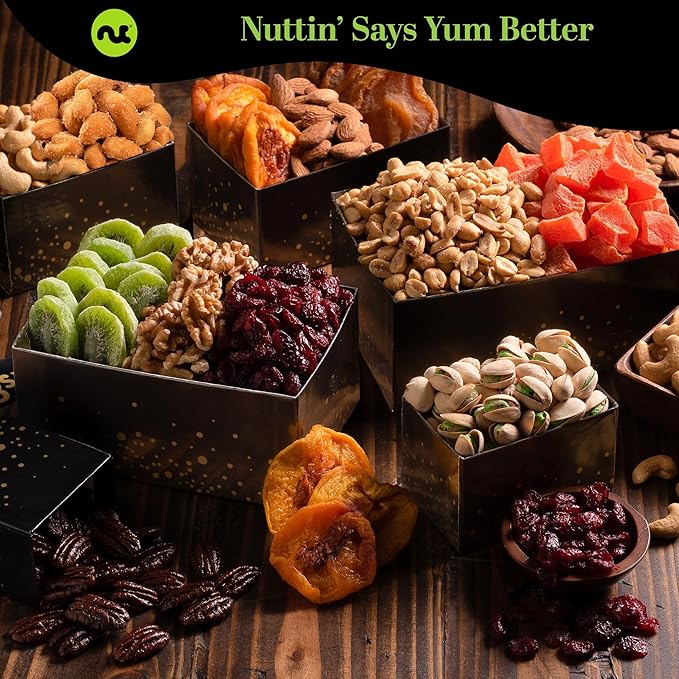 NUT CRAVINGS - Thanksgiving Mixed Nuts Gift Basket Black Tower + Heart Ribbon (12 Assortments) Holiday Xmas Christmas Food Arrangement, Healthy Snack Care Package, Food Assortments