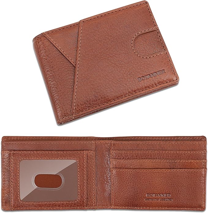 Genuine Leather Mens Bifold Wallet RFID Blocking 7 Credit Card Slots 1 ID Window 1 Section for Bills 2 Additional Slots | Tan