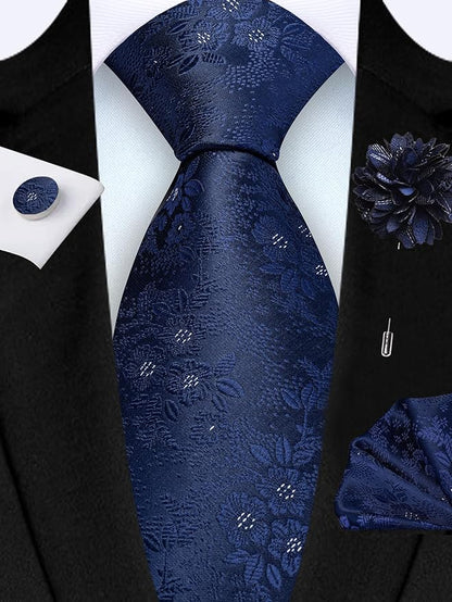 GUSLESON 3.15"（8cm） Mens Floral Tie and Lapel Pin Necktie Hankerchief Cufflinks Set for Men