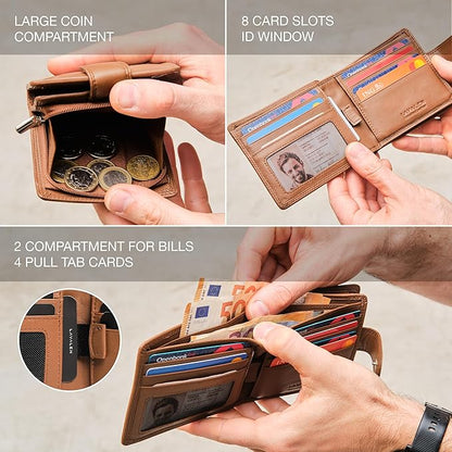 Soft Leather Wallet for Men - Mens Wallet Bifold with Zipper Coin Pocket - Holds Bills, Credit Cards, Coins - Carteras para Hombres Piel - Billeteras de Hombres Cuero Original - RFID Blocking.