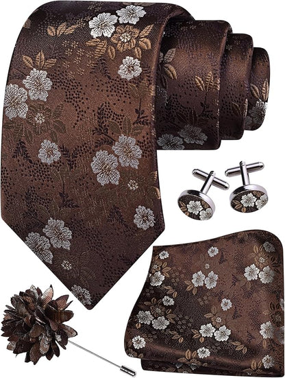 GUSLESON 3.15"（8cm） Mens Floral Tie and Lapel Pin Necktie Hankerchief Cufflinks Set for Men