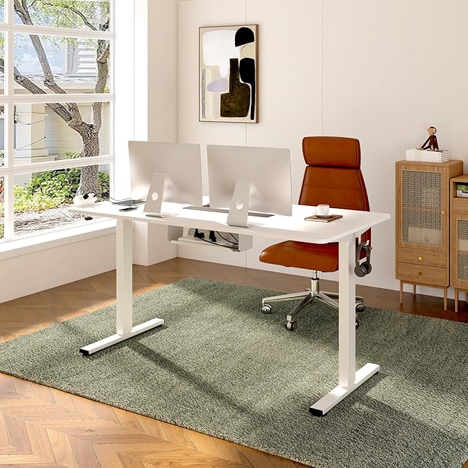 FLEXISPOT EN2 Whole-Piece Standing Desk with Clamp Power Strip, 60 x 24 Electric Stand Up Height Adjustable Desk with Cable Management (White Frame + 60" White Desktop, 2 Packages)