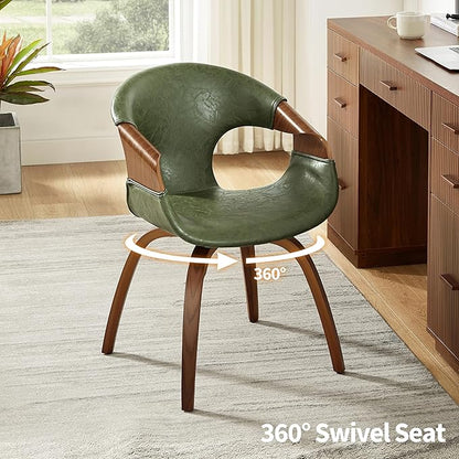 Art Leon Desk Chair No Wheels, Mid Century Modern Office Chair, Faux Leather Upholstered Swive Chair with Wood Legs for Living Room Bedroom, Walnut Bentwood, Green/Walnut
