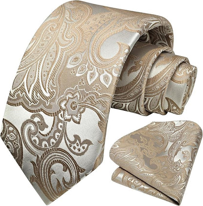 HISDERN Men Floral Ties Woven Classic 3.4" Necktie Set Formal Tie Pocket Square for Wedding with Handkerchief Gift Box