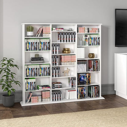 Prepac 3 Column 51" Tall White Display Multimedia Cabinet, Wood Media Storage with Removable Sheves, Modern Multimedia Storage Unit with 21 Adjustable Shelves for Books, DVDs and Collectibles, White