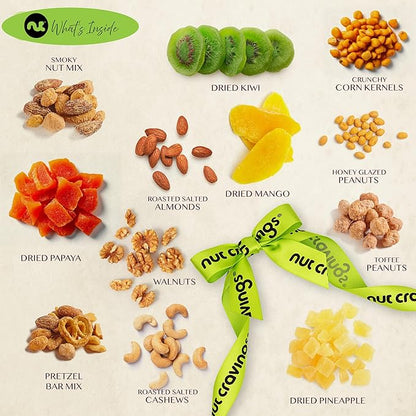 NUT CRAVINGS - Thanksgiving Dried Fruit & Mixed Nuts Gift Basket in Reusable Wooden Tray + Ribbon (12 Assortments) Holiday Xmas Christmas Food Arrangement, Healthy Snack Care Package,