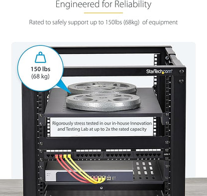 StarTech.com 1U 4-Post Server Rack Shelf, Vented, Adjustable Mounting Depth (28-34.4in/71.1-87.3cm), 150lb (68kg) Capacity