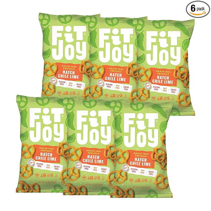 FitJoy Hatch Chile Lime Pretzels (Pack of 6, 5 Oz) - Dairy, Nut & Gluten Free Snacks - Grain Free Cassava Root & Chickpea Flour Vegan Pretzel Twists - Classic Snack Pretzels for Moms and More