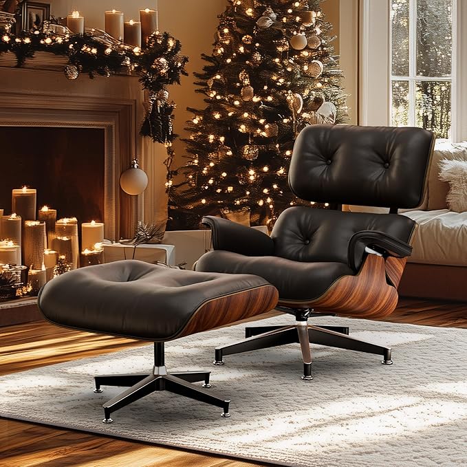Top Black Grain Leather, Mid Century Chaise Lounge Chair and Ottoman, Modern Chair Classic Design, Palisander Wood, Heavy Duty Base Support for Living Room Office