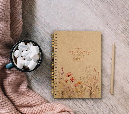 Christian Notebook for Women, Christian Art Gifts Journal, Prayer Journal for Women, Bible Journaling Notebook, PSALM 23:3 He Restores My Soul Floral Spiral Notebook 5.5x8.3 Kraft Paper