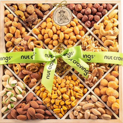 NUT CRAVINGS - Thanksgiving Mixed Nuts Gift Basket in Reusable Diamond Wooden Tray + Green Ribbon (12 Assortments) Holiday Xmas Christmas Food Arrangement Healthy Snack Care Package