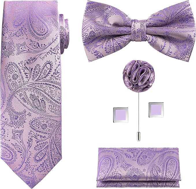 TIE G 5pcs Tie Set in WHITE OR BLACK GIFT BOX: Solid Color Necktie, Satin Bow Tie, Pocket Square, Lapel, Cuff Links