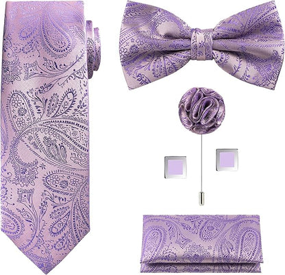 TIE G 5pcs Tie Set in WHITE OR BLACK GIFT BOX: Solid Color Necktie, Satin Bow Tie, Pocket Square, Lapel, Cuff Links