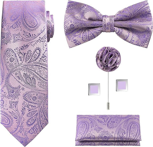 TIE G 5pcs Tie Set in WHITE OR BLACK GIFT BOX: Solid Color Necktie, Satin Bow Tie, Pocket Square, Lapel, Cuff Links