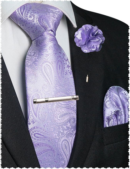JEMYGINS Mens Paisley Tie and Lapel Pin Necktie Pocket Square and Tie Clip with Sets for Business Casual 4PCS