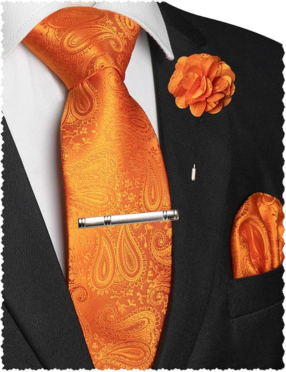 JEMYGINS Mens Paisley Tie and Lapel Pin Necktie Pocket Square and Tie Clip with Sets for Business Casual 4PCS
