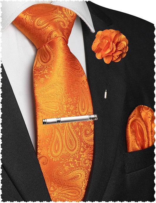 JEMYGINS Mens Paisley Tie and Lapel Pin Necktie Pocket Square and Tie Clip with Sets for Business Casual 4PCS
