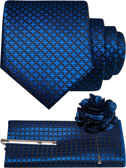 JEMYGINS Mens Solid Color Plaid Tie and Lapel Pin Necktie Pocket Square and Tie Clip with Sets for Business Casual 4PCS