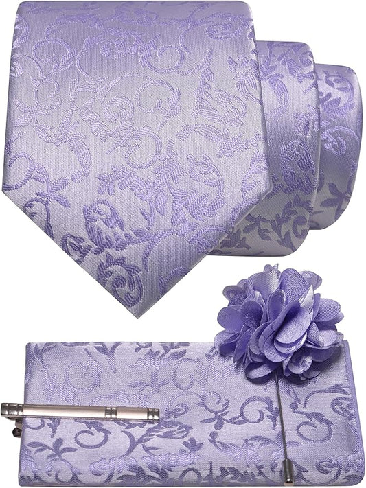 JEMYGINS Mens Floral Tie and Lapel Pin Necktie Pocket Square and Tie Clip with Sets for Business Casual 4PCS