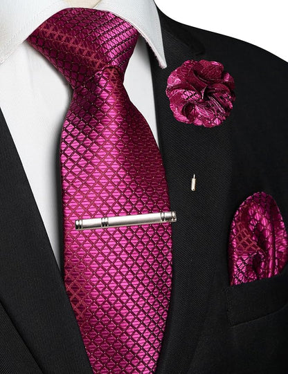 JEMYGINS Mens Solid Color Plaid Tie and Lapel Pin Necktie Pocket Square and Tie Clip with Sets for Business Casual 4PCS