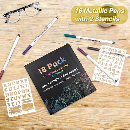 18 Pack Metallic Marker Pens, Lineon 16 Colors Fine Tip Paint Pens with 2 Stencils for DIY Craft Photo Album Rock Art Painting Card Making Glass Wood