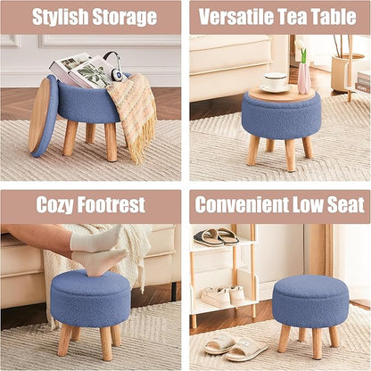 Poofzy Small Ottoman with Storage, Small Foot Stool Ottoman with Wood Legs, Sherpa Foot Rest for Couch, Living Room and Bedroom - Navy Blue