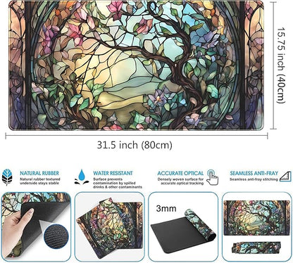 Stained Glass Tree Desk Mat Cartoon Tree Gaming Mouse Pad Large XXL Extended Desk Matt for Desktop, Laptop Computer Keyboard Mouse Mat for Women Office Decor Accessories Deskmat 31.5''x15.7''