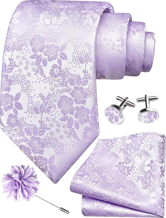 GUSLESON 3.15"（8cm） Mens Floral Tie and Lapel Pin Necktie Hankerchief Cufflinks Set for Men